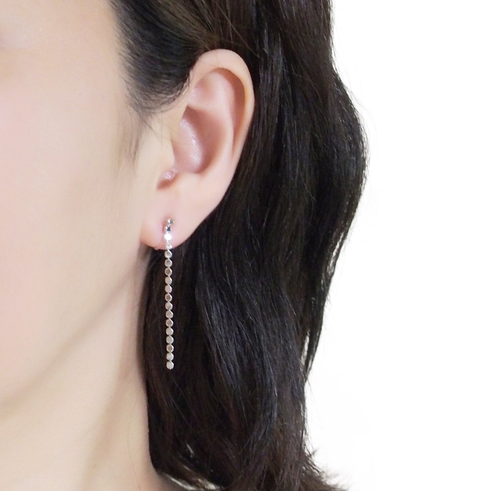 Dangle Small Dot Chain Invisible clip on stud earrings ( Silver tone ) - Miyabi Grace