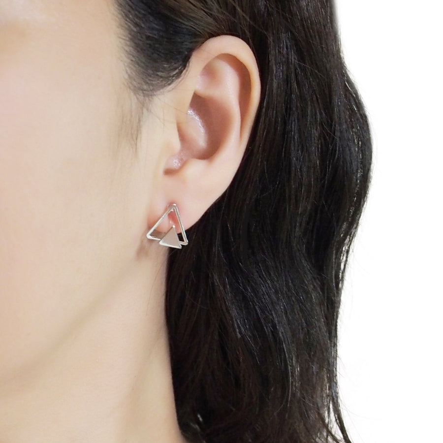 Dimentional Double Triangle Invisible clip on stud earrings ( Silver tone ) - Miyabi Grace