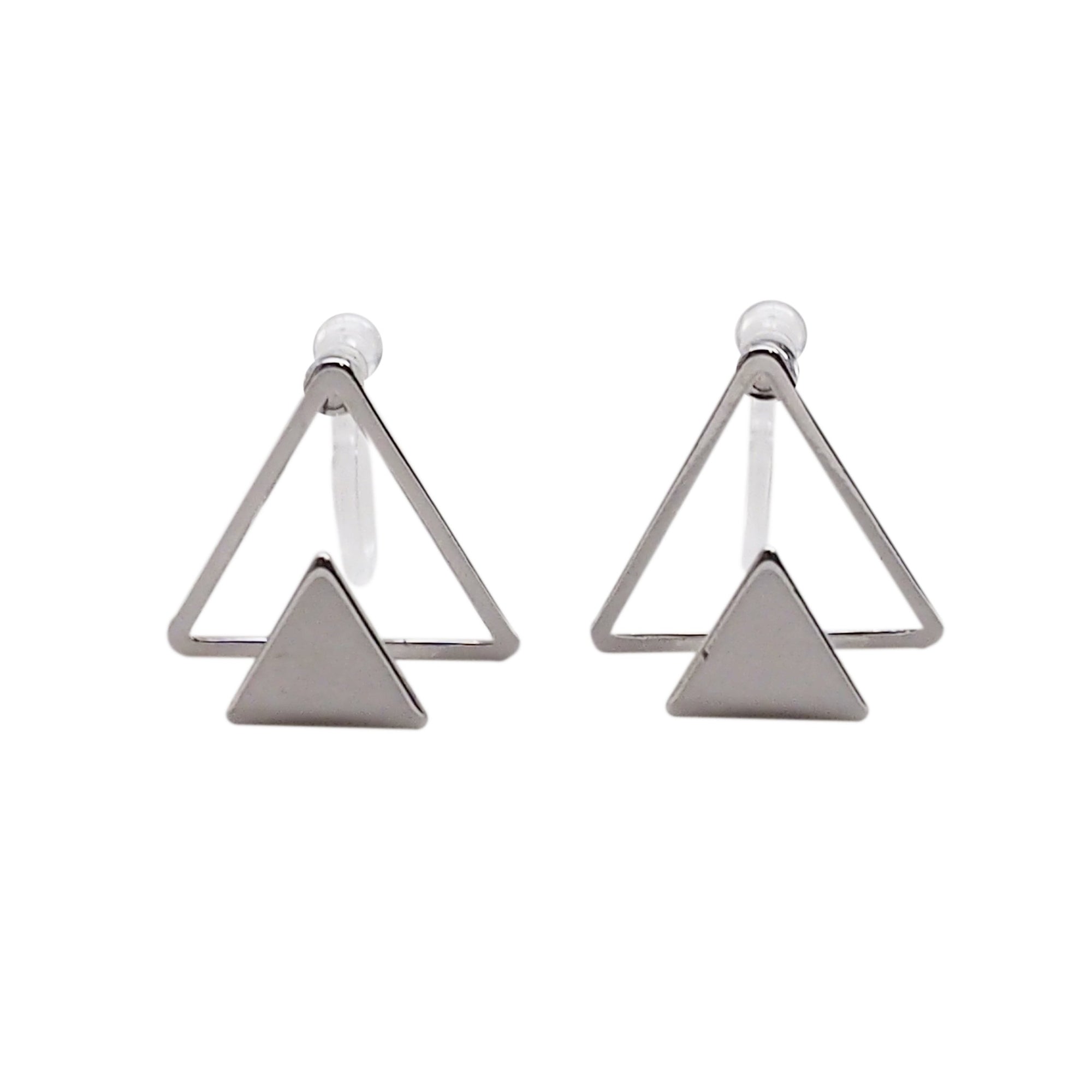 Dimentional Double Triangle Invisible clip on stud earrings ( Silver tone ) - Miyabi Grace