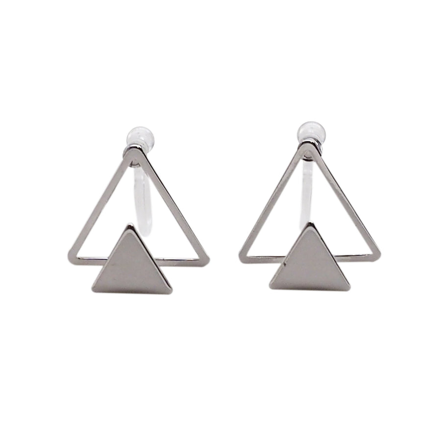 Dimentional Double Triangle Invisible clip on stud earrings ( Silver tone ) - Miyabi Grace