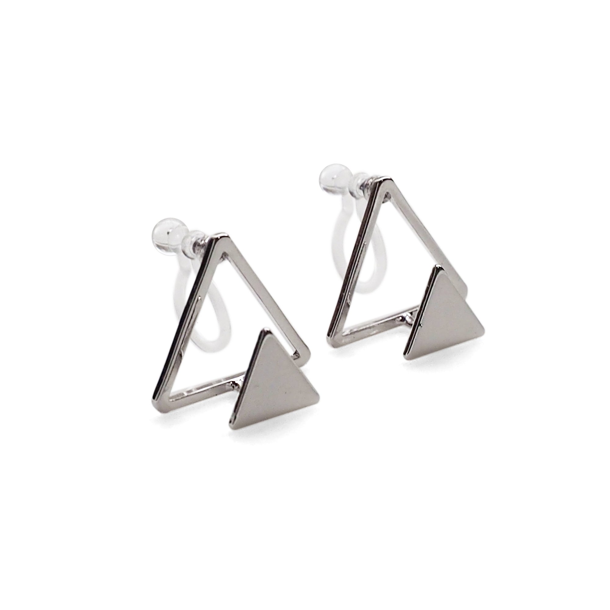 Dimentional Double Triangle Invisible clip on stud earrings ( Silver tone ) - Miyabi Grace