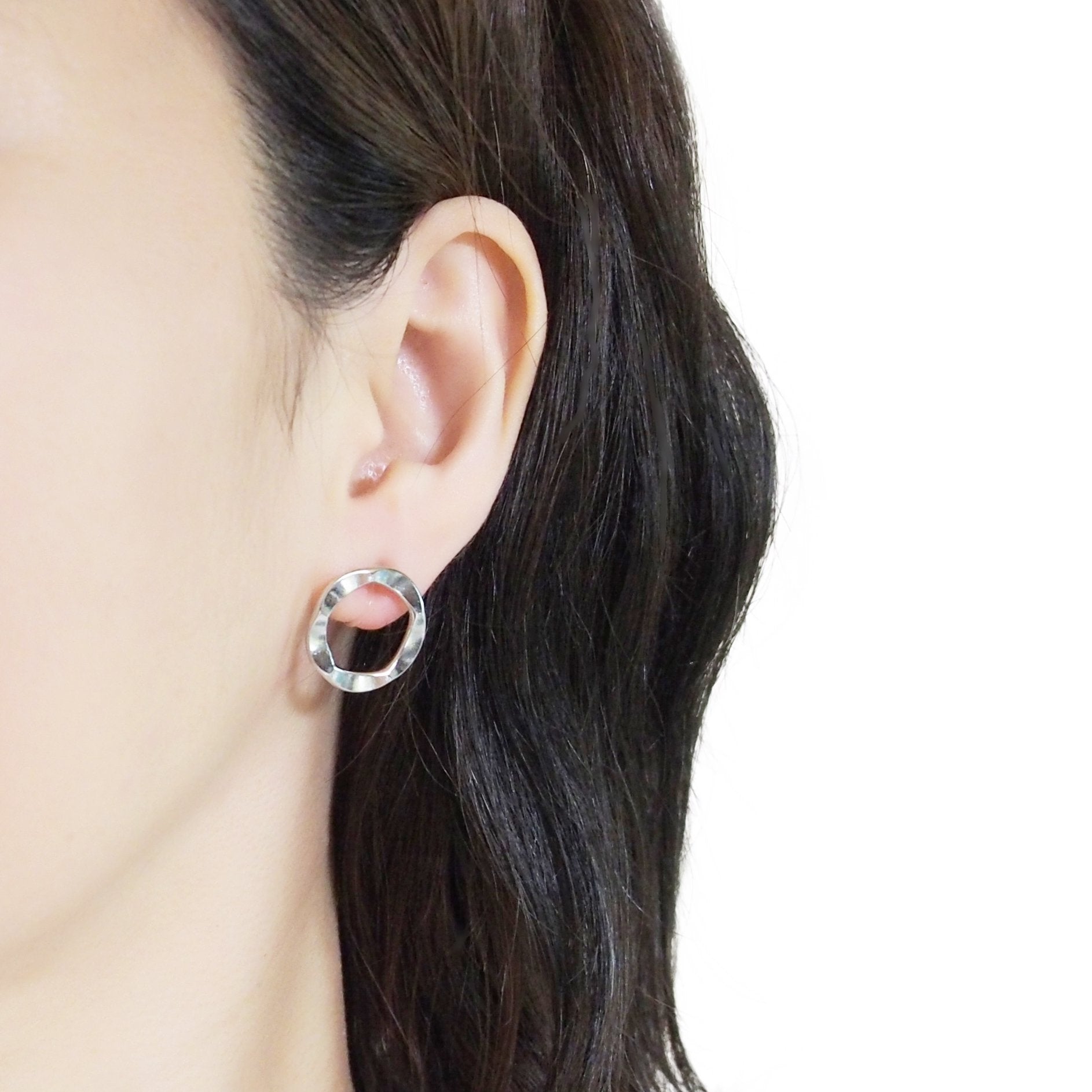 Flower Circle Hoop Invisible clip on stud earrings ( Silver tone ) - Miyabi Grace