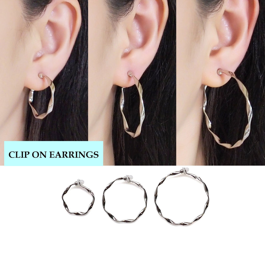 Silver Twisted Clip On Hoop Earrings - Miyabi Grace