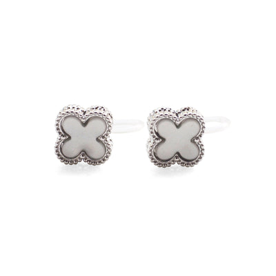 Silver Clover Swarovski Crystal Rhinestone Pave Invisible Clip On Stud Earrings ( White ) - Miyabi Grace