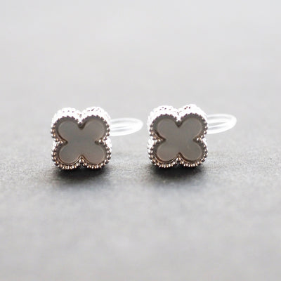 Silver Clover Swarovski Crystal Rhinestone Pave Invisible Clip On Stud Earrings ( White ) - Miyabi Grace