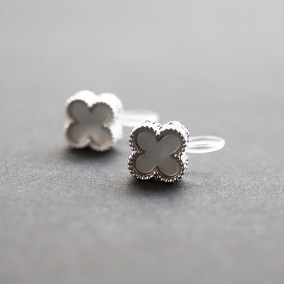 Silver Clover Swarovski Crystal Rhinestone Pave Invisible Clip On Stud Earrings ( White ) - Miyabi Grace