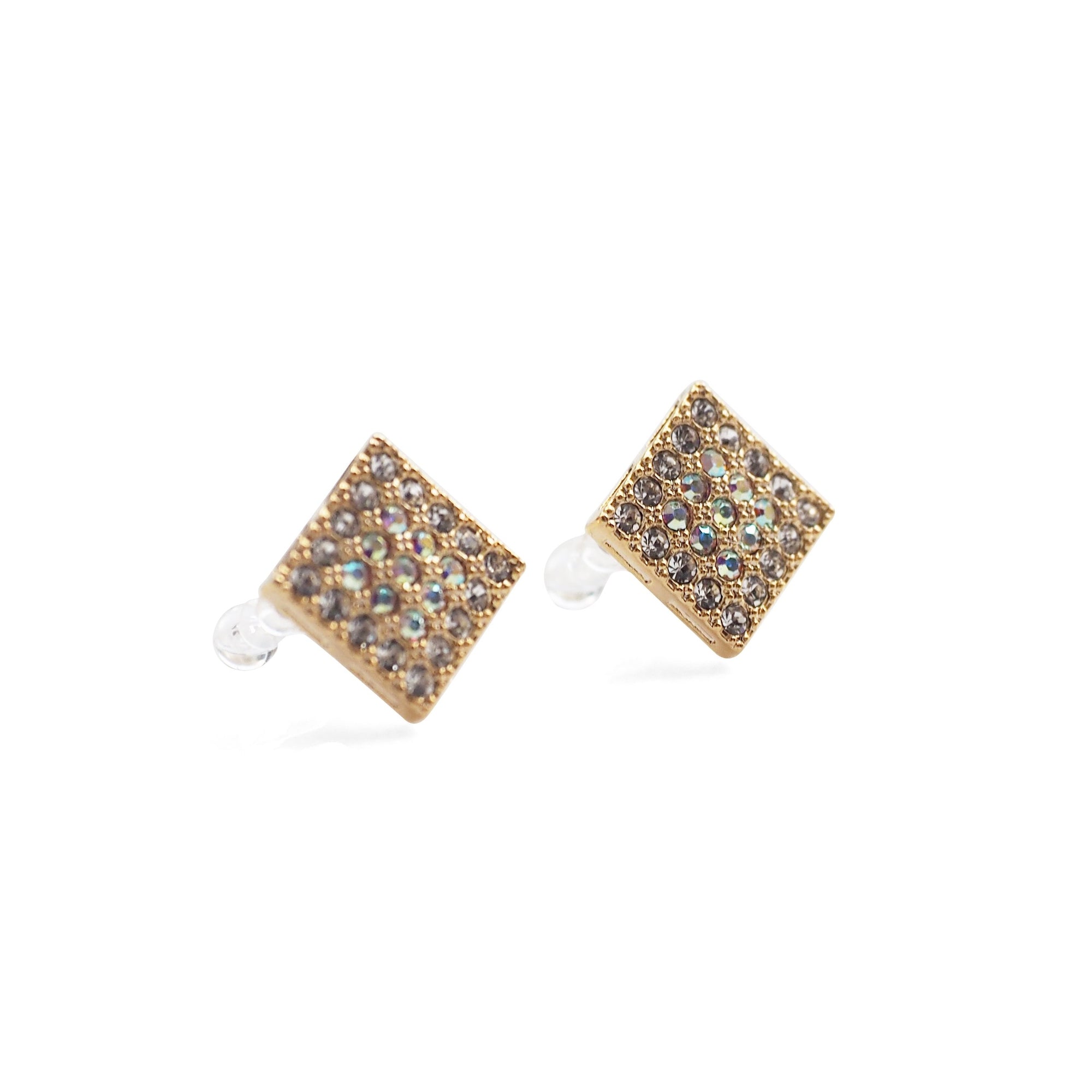 Square Swarovski Crystal Rhinestone Pave Invisible Clip On Stud Earrings ( Gold tone ) - Miyabi Grace