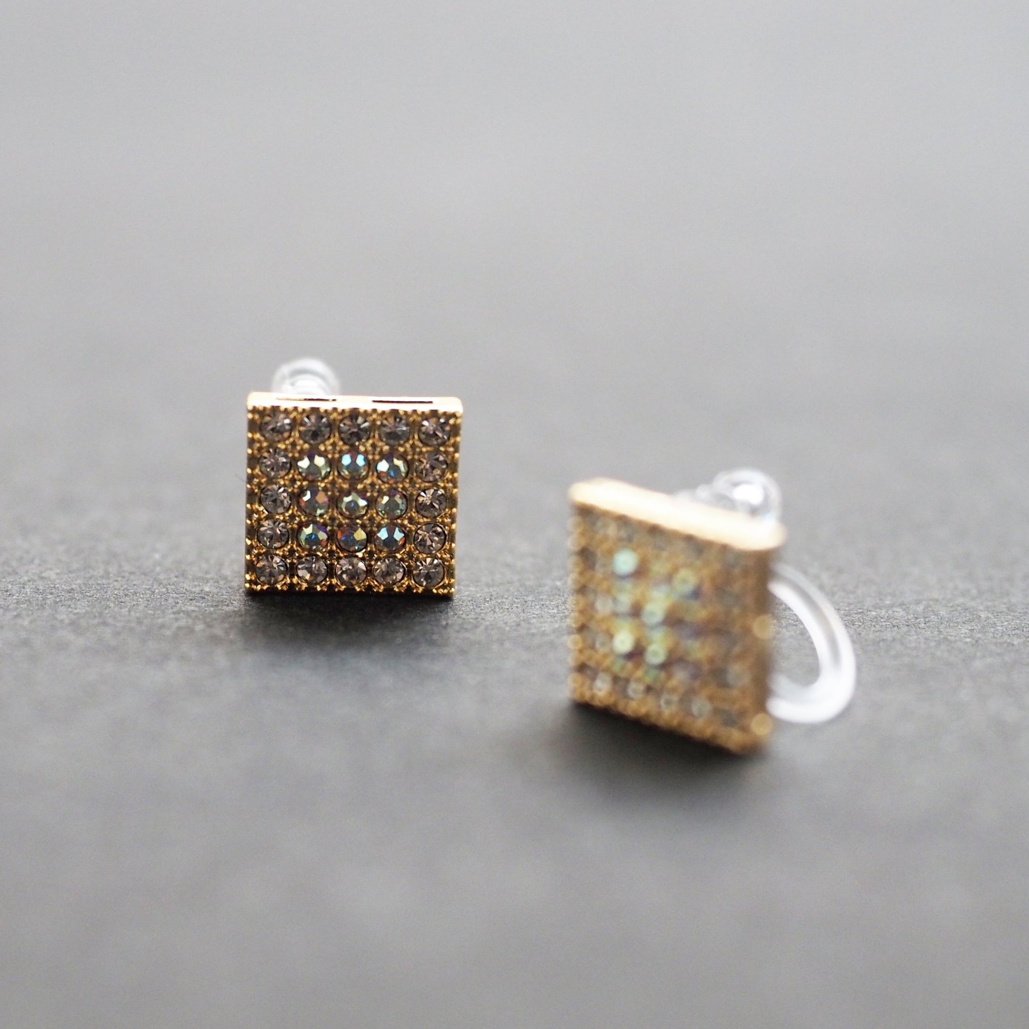 Square Swarovski Crystal Rhinestone Pave Invisible Clip On Stud Earrings ( Gold tone ) - Miyabi Grace