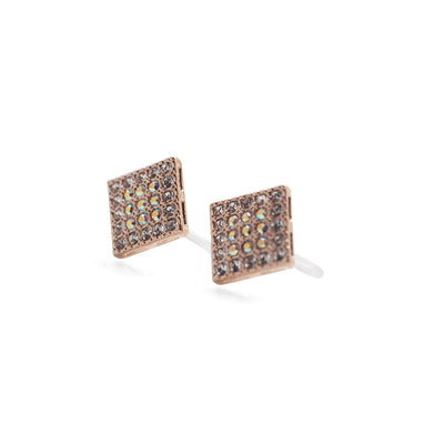Square Swarovski Crystal Rhinestone Pave Invisible Clip On Stud Earrings ( Rose gold tone ) - Miyabi Grace