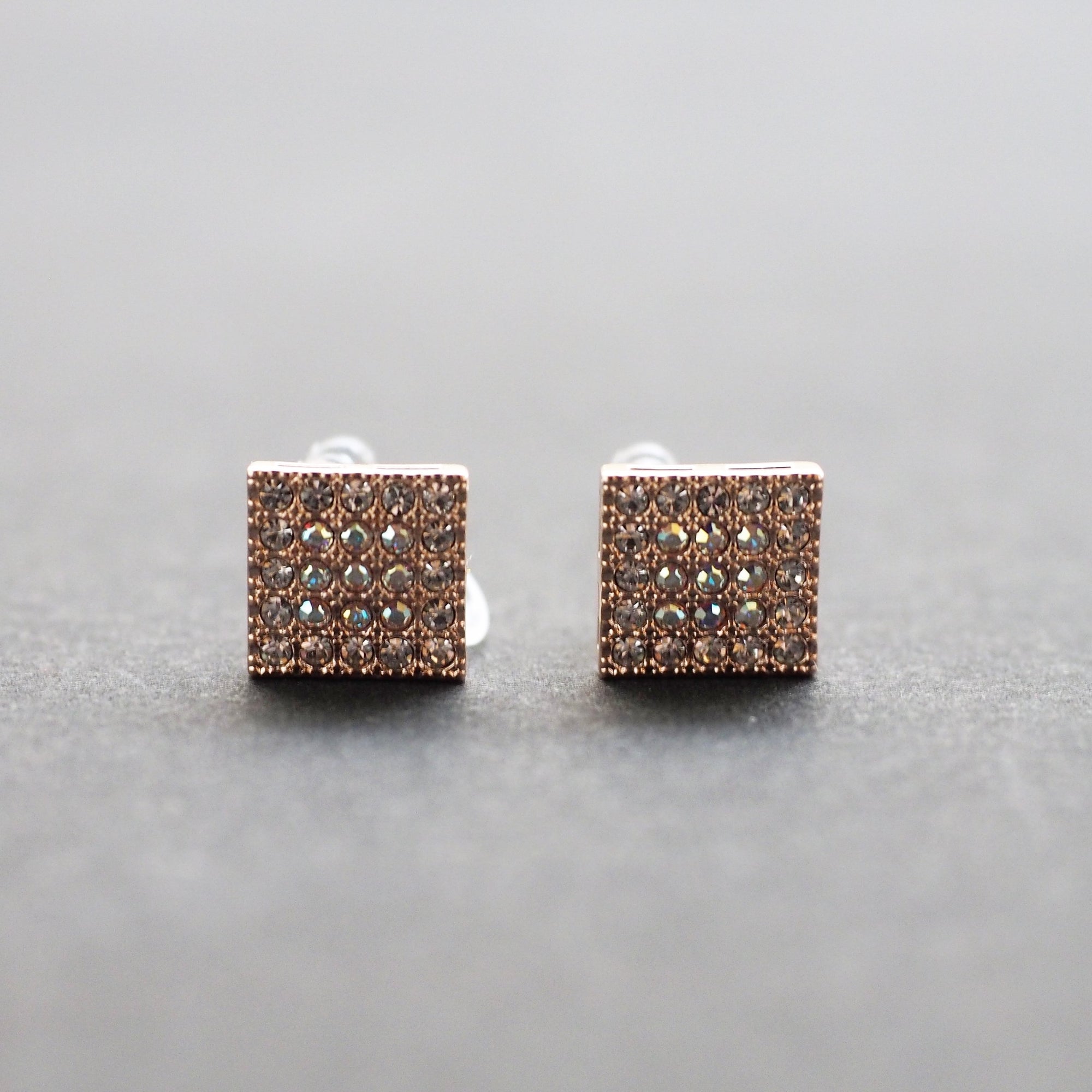 Square Swarovski Crystal Rhinestone Pave Invisible Clip On Stud Earrings ( Rose gold tone ) - Miyabi Grace