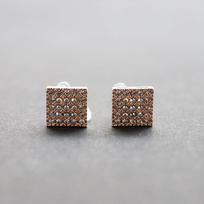 Square Swarovski Crystal Rhinestone Pave Invisible Clip On Stud Earrings ( Rose gold tone ) - Miyabi Grace