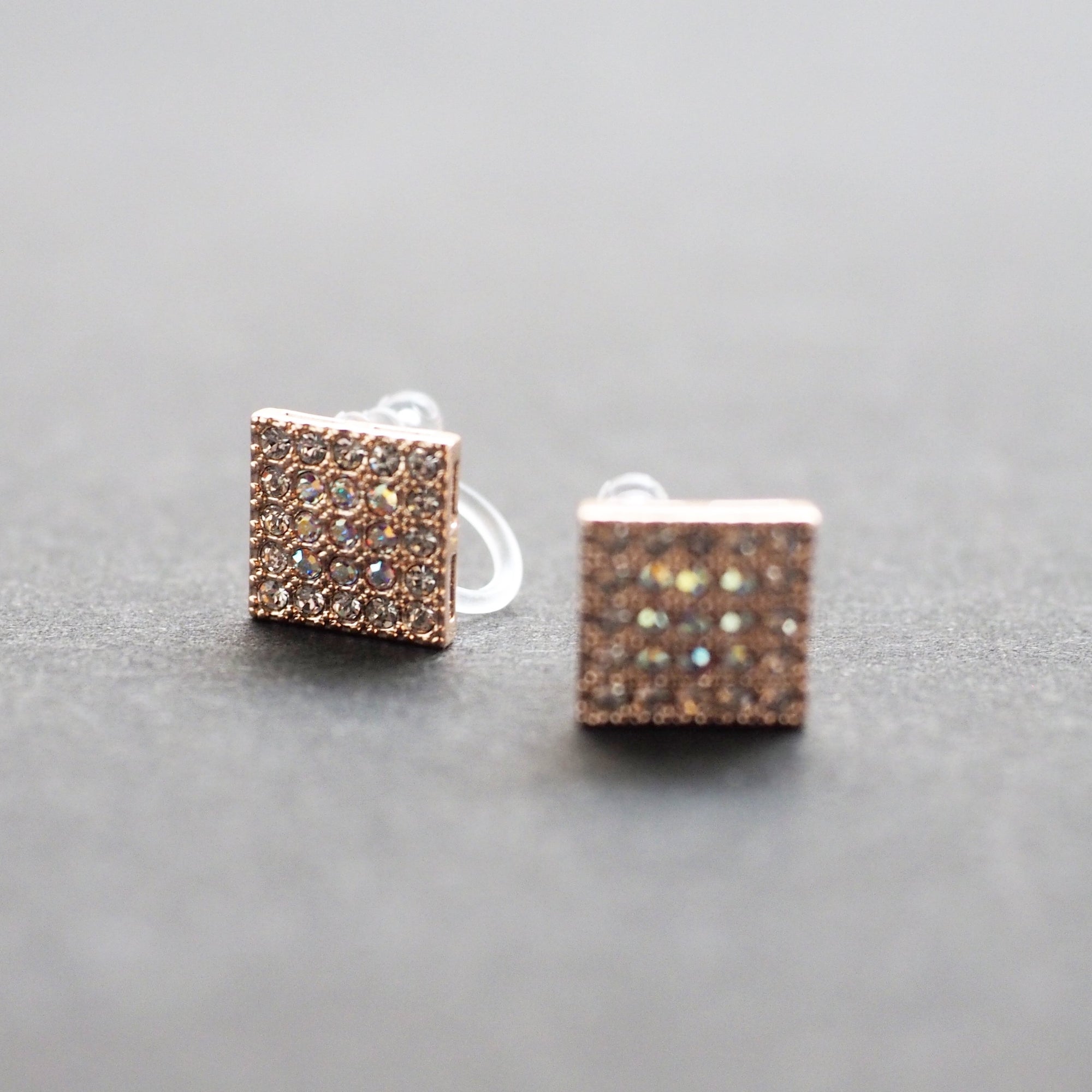 Square Swarovski Crystal Rhinestone Pave Invisible Clip On Stud Earrings ( Rose gold tone ) - Miyabi Grace