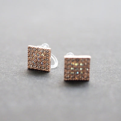 Square Swarovski Crystal Rhinestone Pave Invisible Clip On Stud Earrings ( Rose gold tone ) - Miyabi Grace