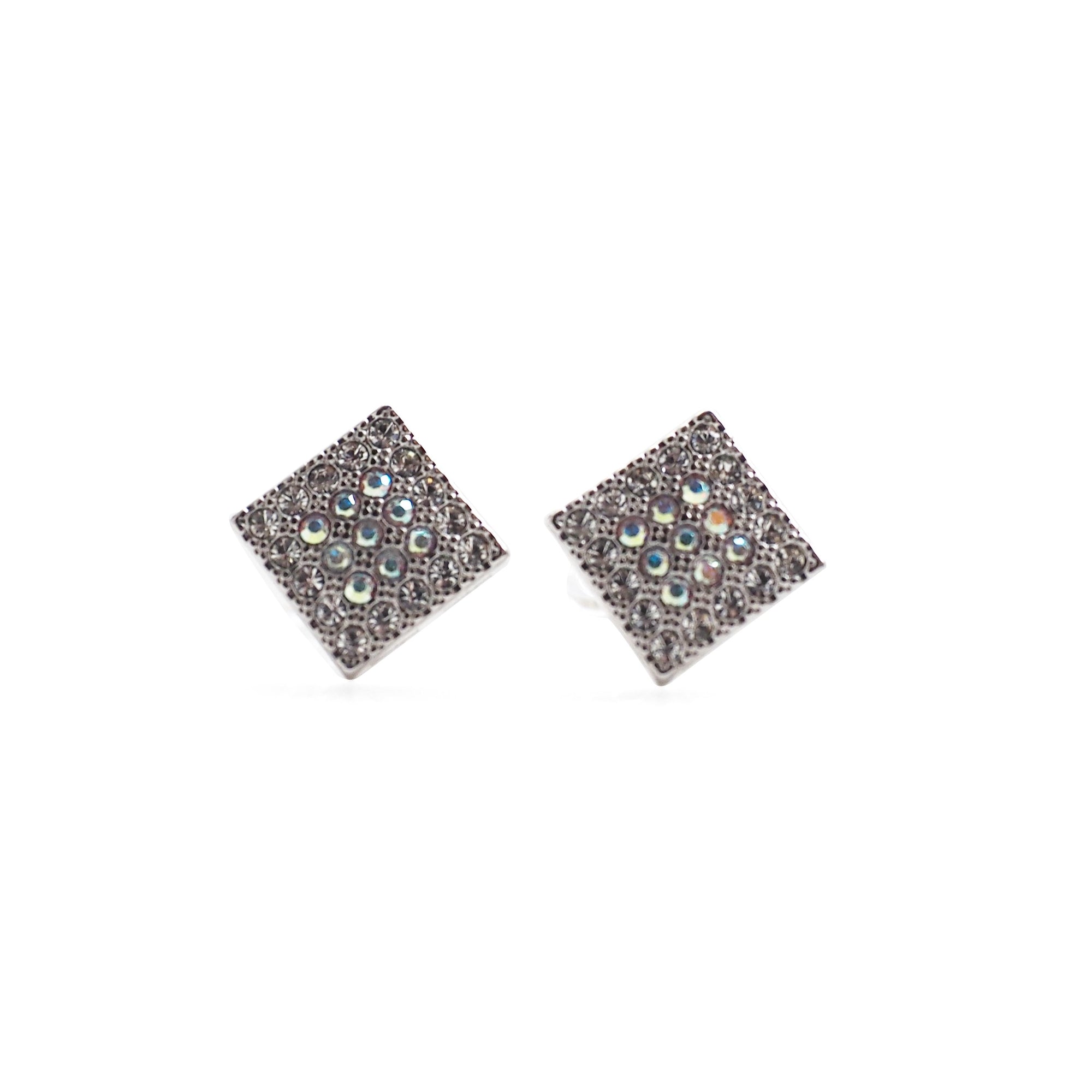 Square Swarovski Crystal Rhinestone Pave Invisible Clip On Stud Earrings ( Silvert tone ) - Miyabi Grace