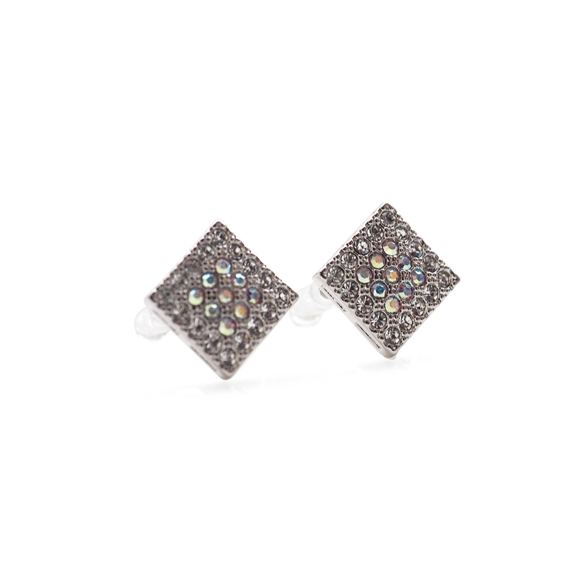 Square Swarovski Crystal Rhinestone Pave Invisible Clip On Stud Earrings ( Silvert tone ) - Miyabi Grace