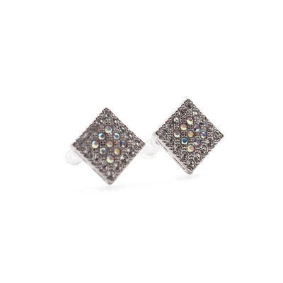 Square Swarovski Crystal Rhinestone Pave Invisible Clip On Stud Earrings ( Silvert tone ) - Miyabi Grace