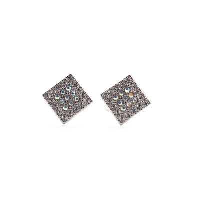 Square Swarovski Crystal Rhinestone Pave Invisible Clip On Stud Earrings ( Silvert tone ) - Miyabi Grace