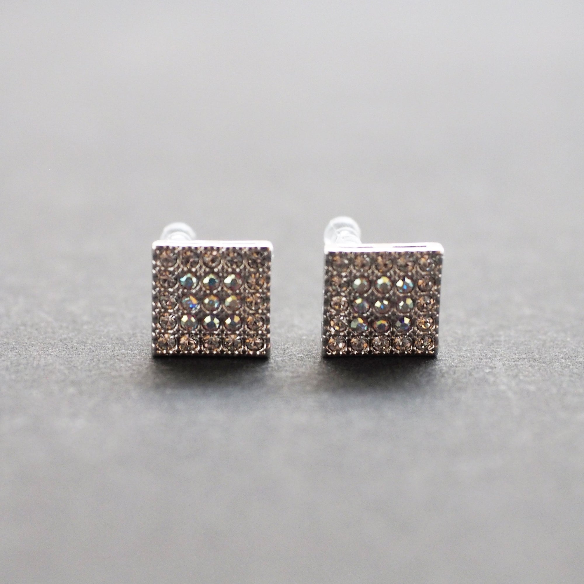 Square Swarovski Crystal Rhinestone Pave Invisible Clip On Stud Earrings ( Silvert tone ) - Miyabi Grace