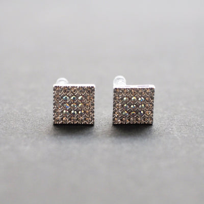 Square Swarovski Crystal Rhinestone Pave Invisible Clip On Stud Earrings ( Silvert tone ) - Miyabi Grace