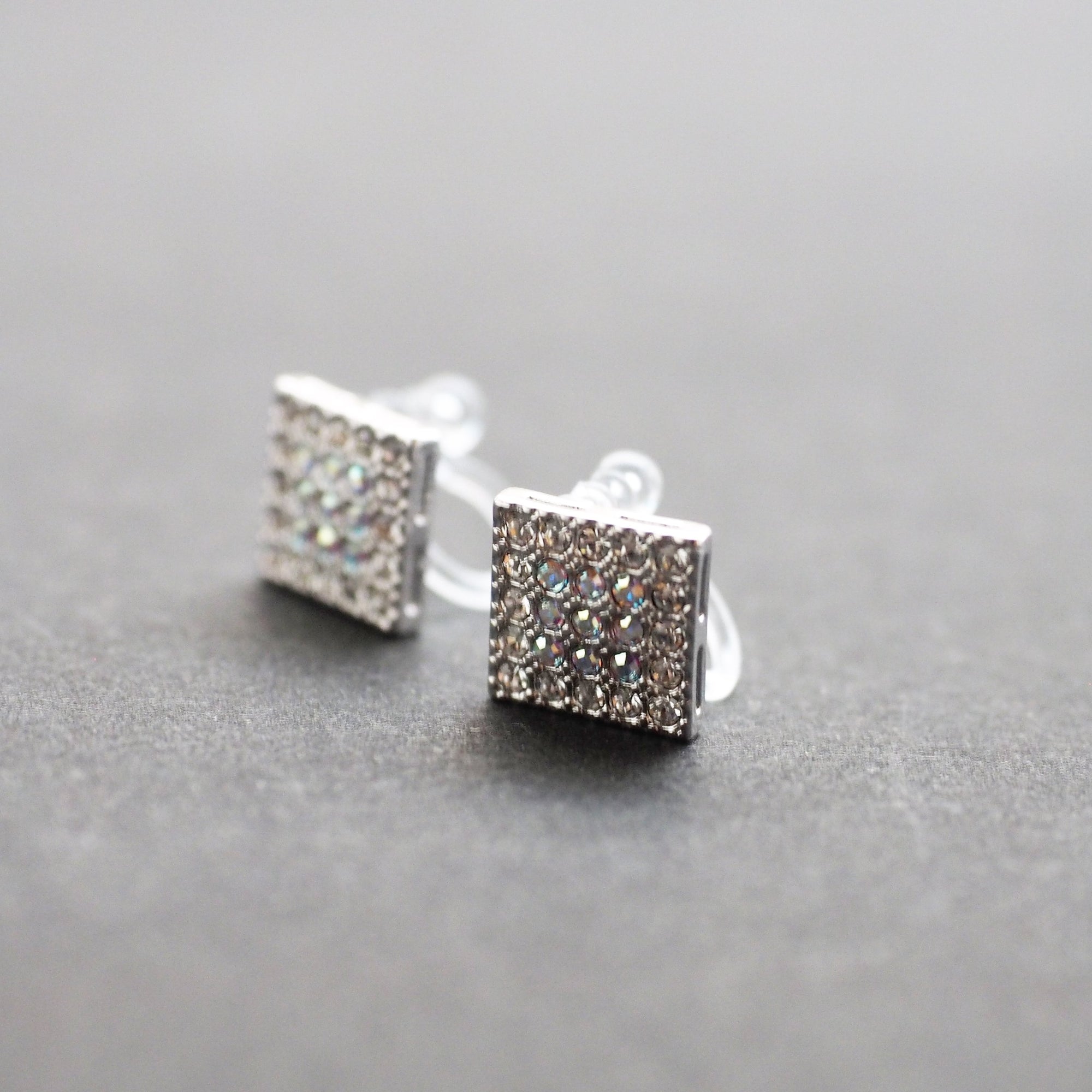 Square Swarovski Crystal Rhinestone Pave Invisible Clip On Stud Earrings ( Silvert tone ) - Miyabi Grace