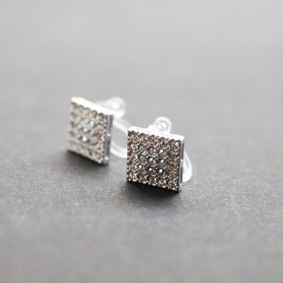 Square Swarovski Crystal Rhinestone Pave Invisible Clip On Stud Earrings ( Silvert tone ) - Miyabi Grace
