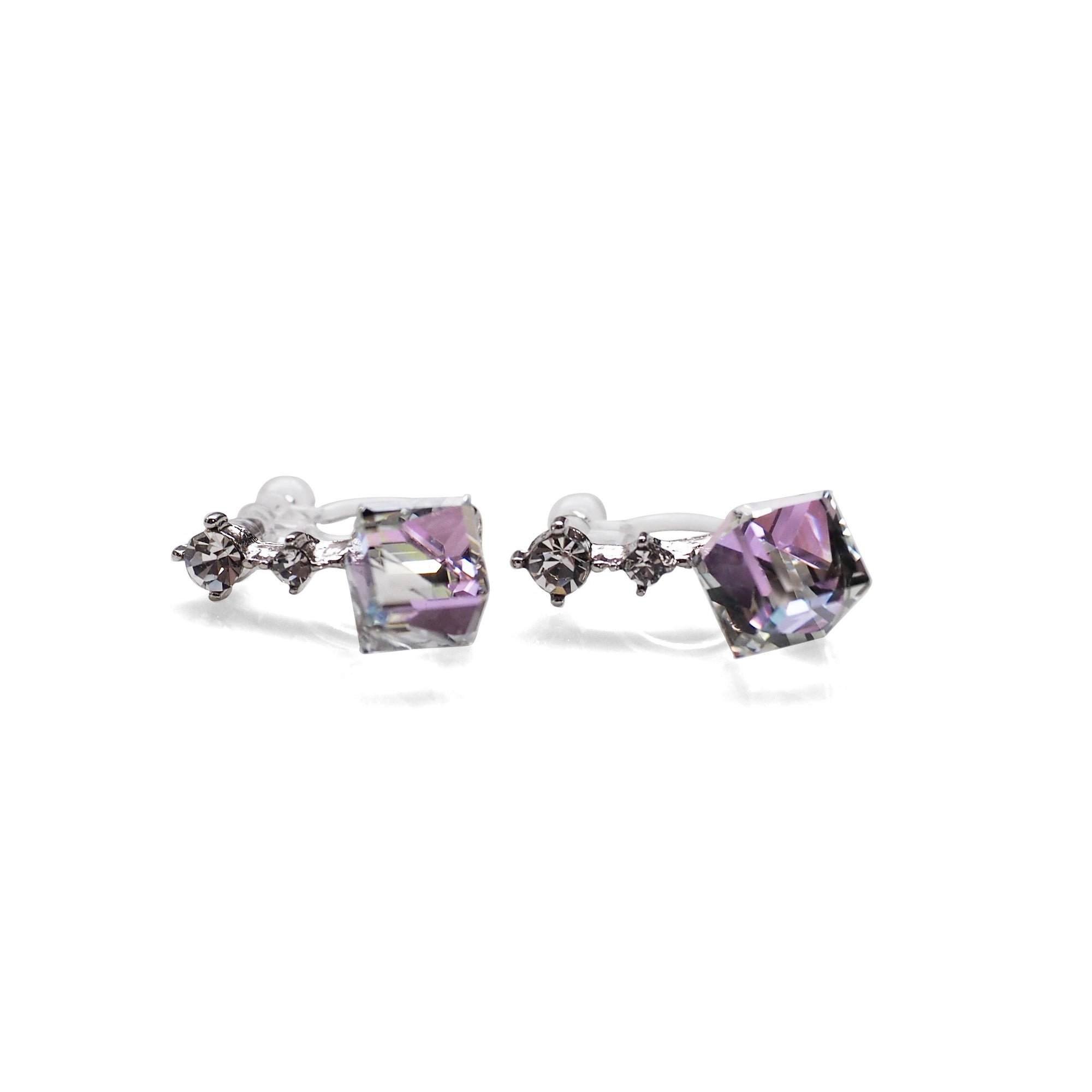 Swarovski Crystal Rhinestone Cube Invisible Clip On Stud Earrings ( Light Purple ) - Miyabi Grace