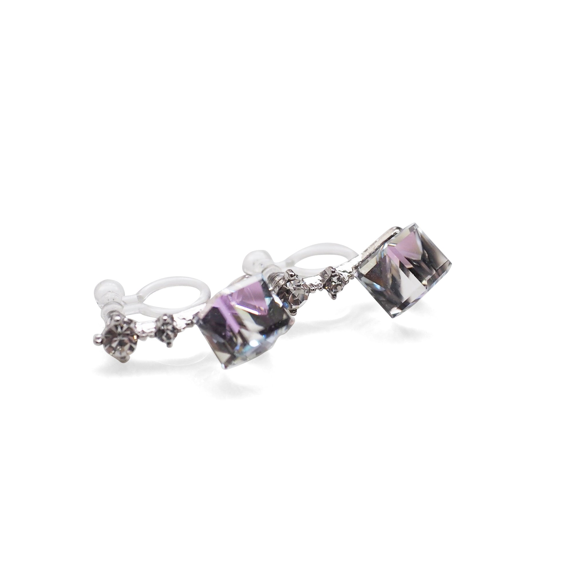 Swarovski Crystal Rhinestone Cube Invisible Clip On Stud Earrings ( Light Purple ) - Miyabi Grace