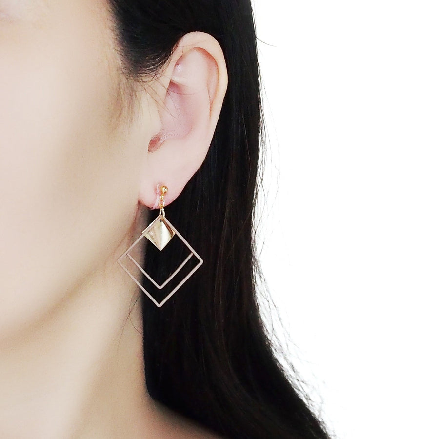 Beige Square Double Hoops Invisible Clip On Earrings - Miyabi Grace