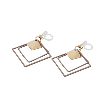 Beige Square Double Hoops Invisible Clip On Earrings - Miyabi Grace