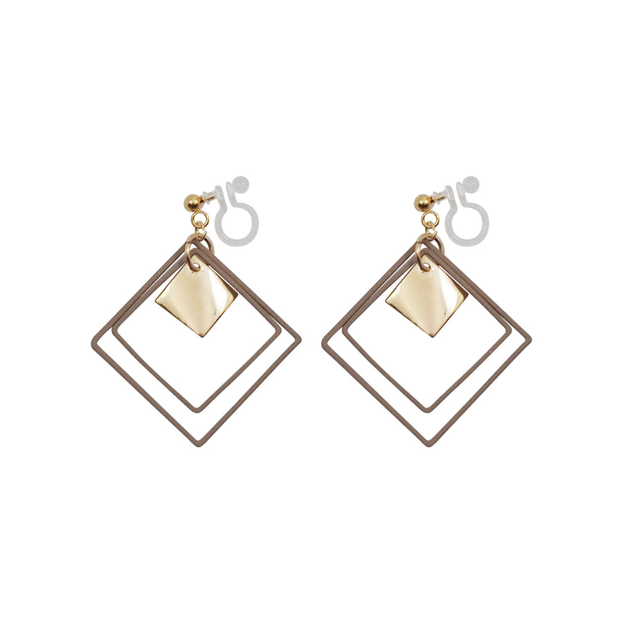 Beige Square Double Hoops Invisible Clip On Earrings - Miyabi Grace