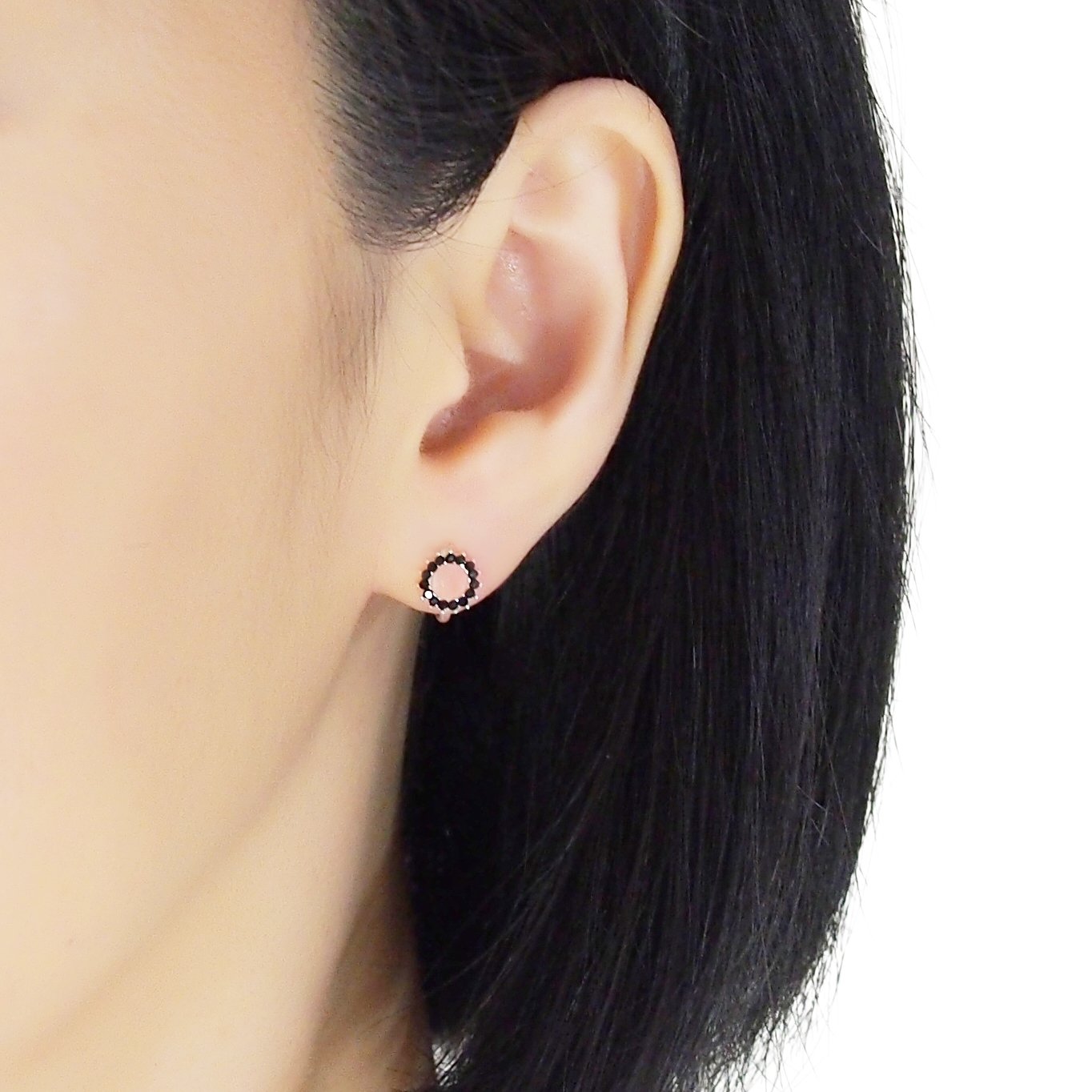 Circle Rhinestone Crystal Invisible Clip On Stud Earrings ( Black tone ) - Miyabi Grace