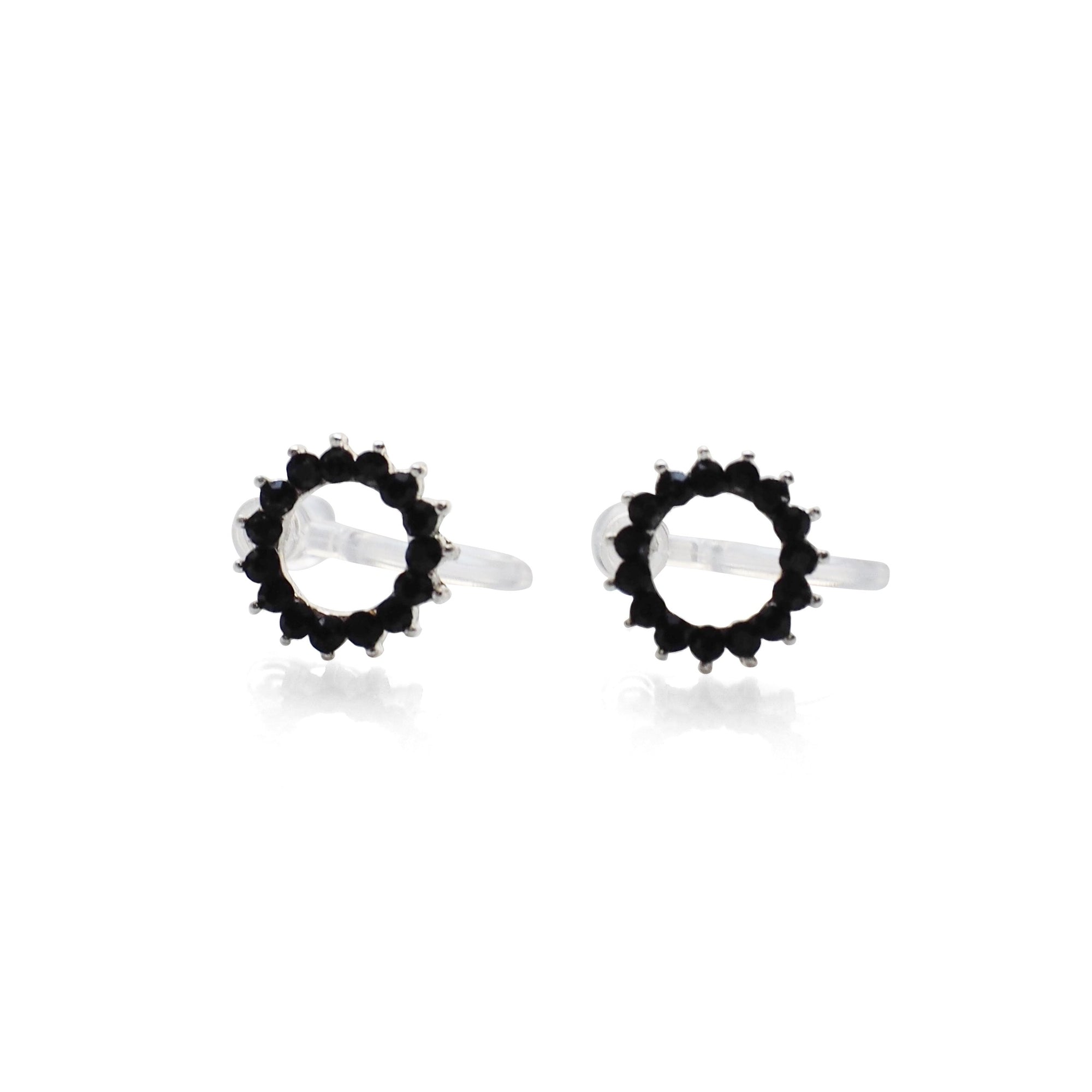 Circle Rhinestone Crystal Invisible Clip On Stud Earrings ( Black tone ) - Miyabi Grace