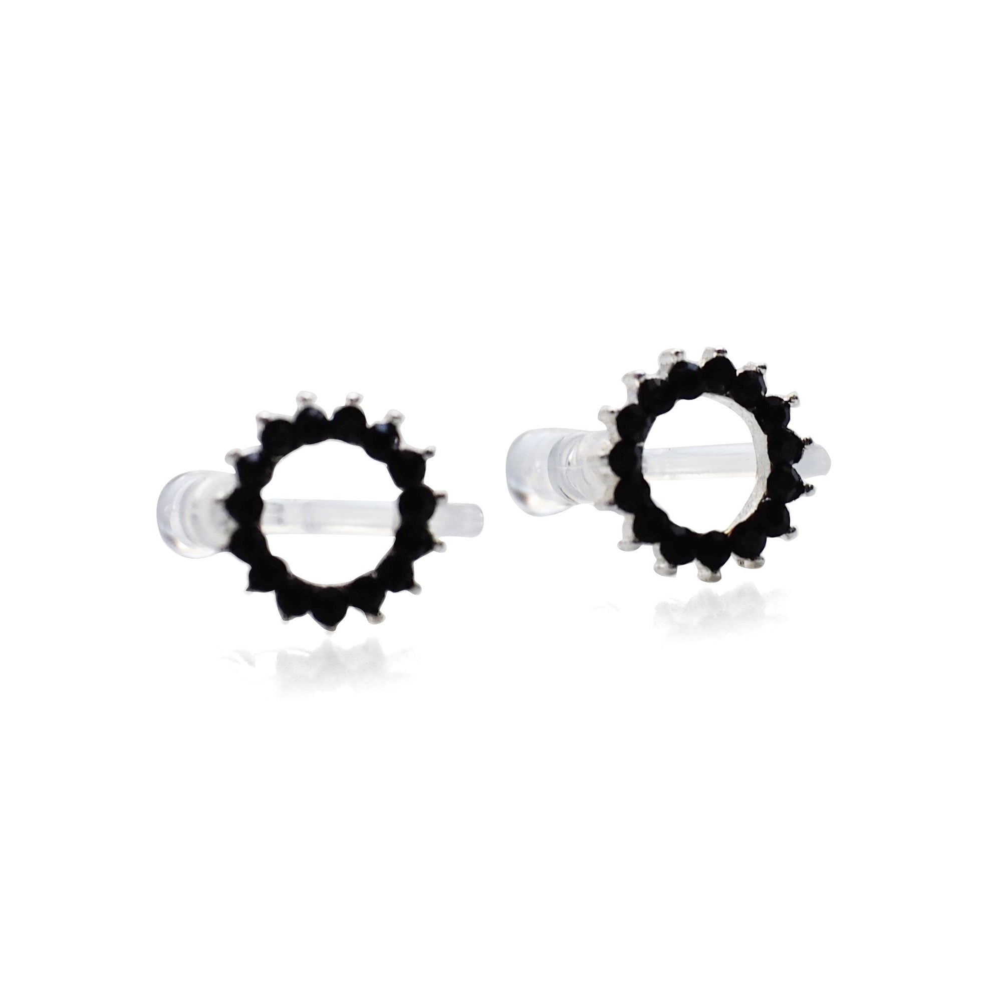 Circle Rhinestone Crystal Invisible Clip On Stud Earrings ( Black tone ) - Miyabi Grace