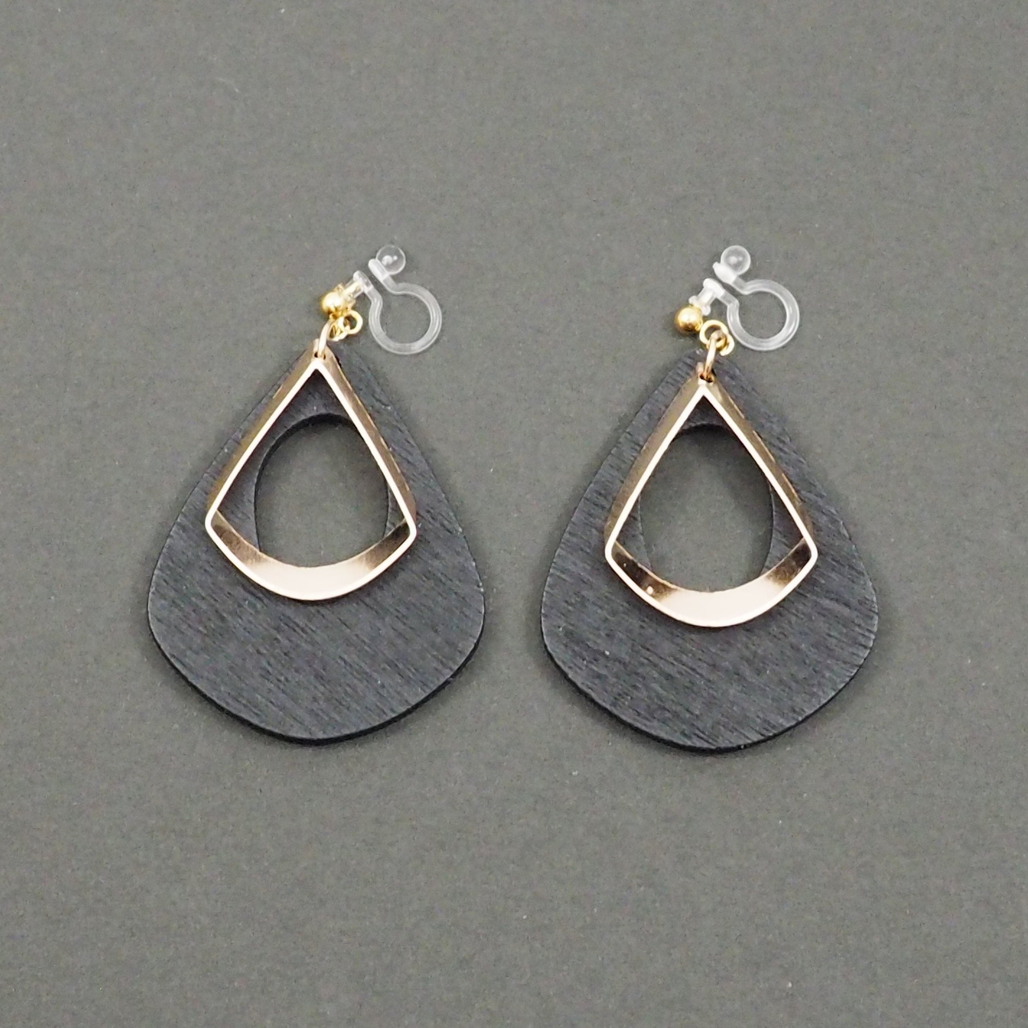 Black Teardrop Wood Hoop Invisible Clip On Earrings - Miyabi Grace