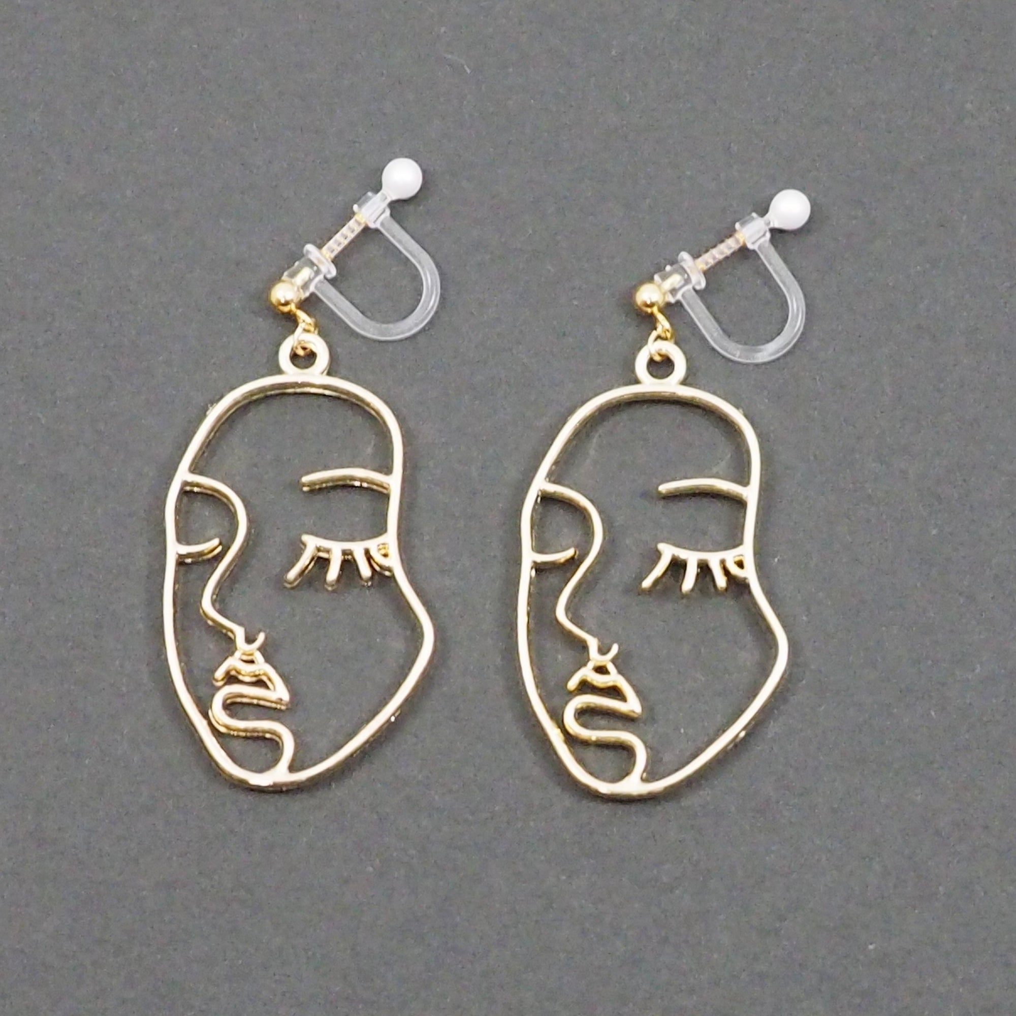 Gold Picasso Face Closed Eyes Invisible Clip On Earrings - Miyabi Grace