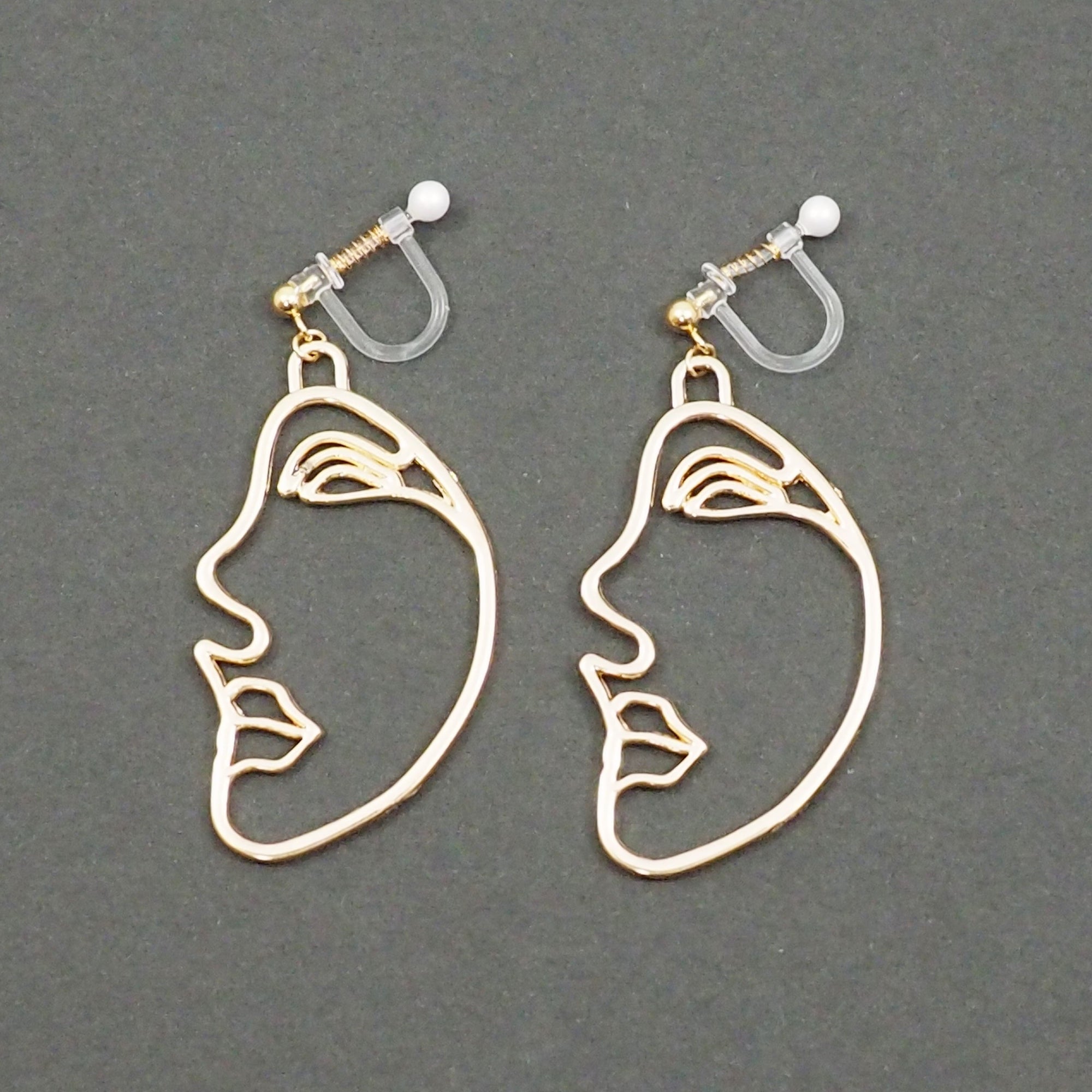 Gold Picasso Face Side Invisible Clip On Earrings - Miyabi Grace