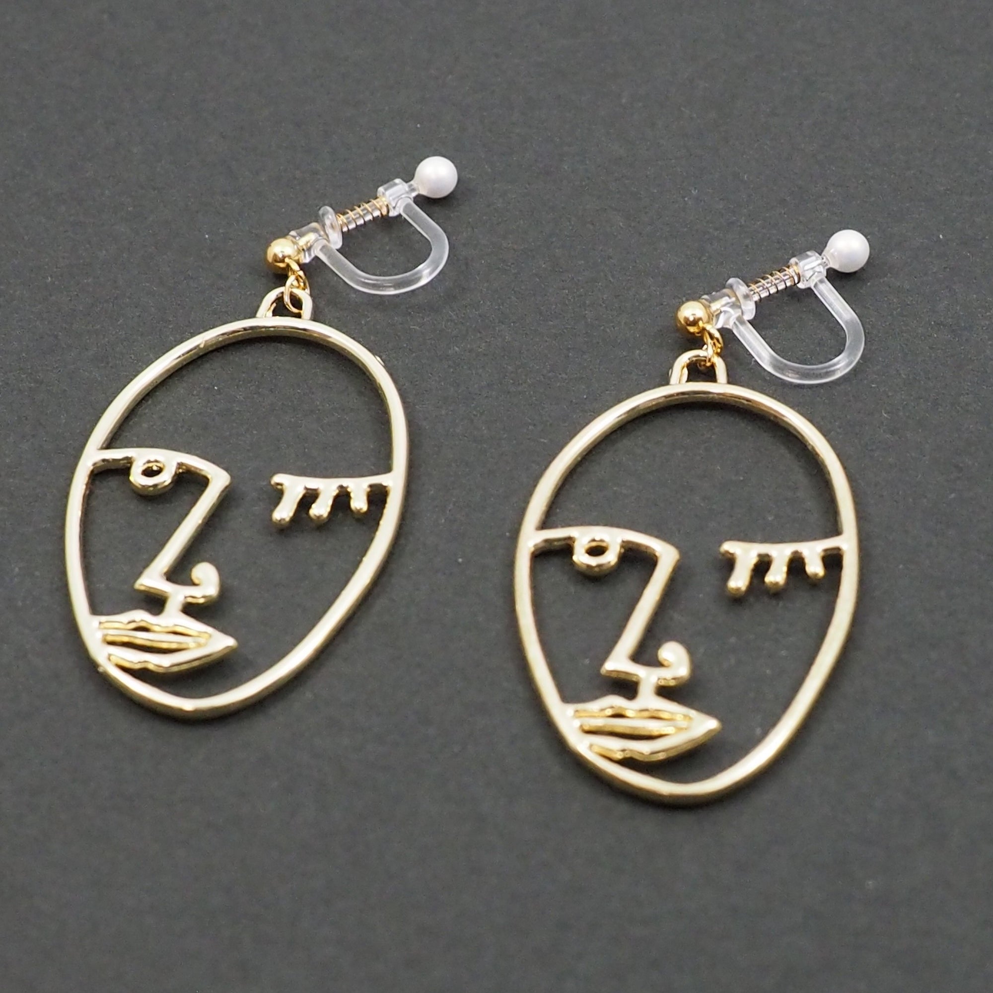 Gold Picasso Face Wink Invisible Clip On Earrings - Miyabi Grace