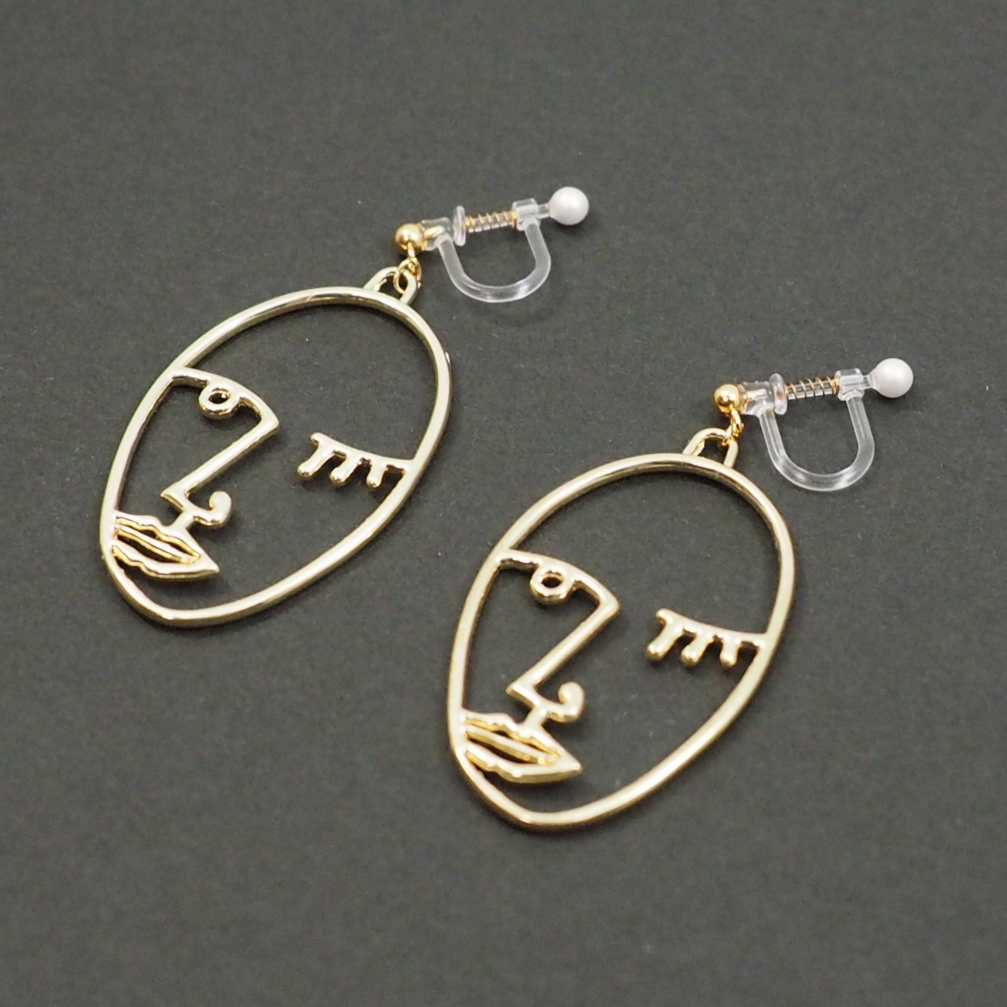 Gold Picasso Face Wink Invisible Clip On Earrings - Miyabi Grace