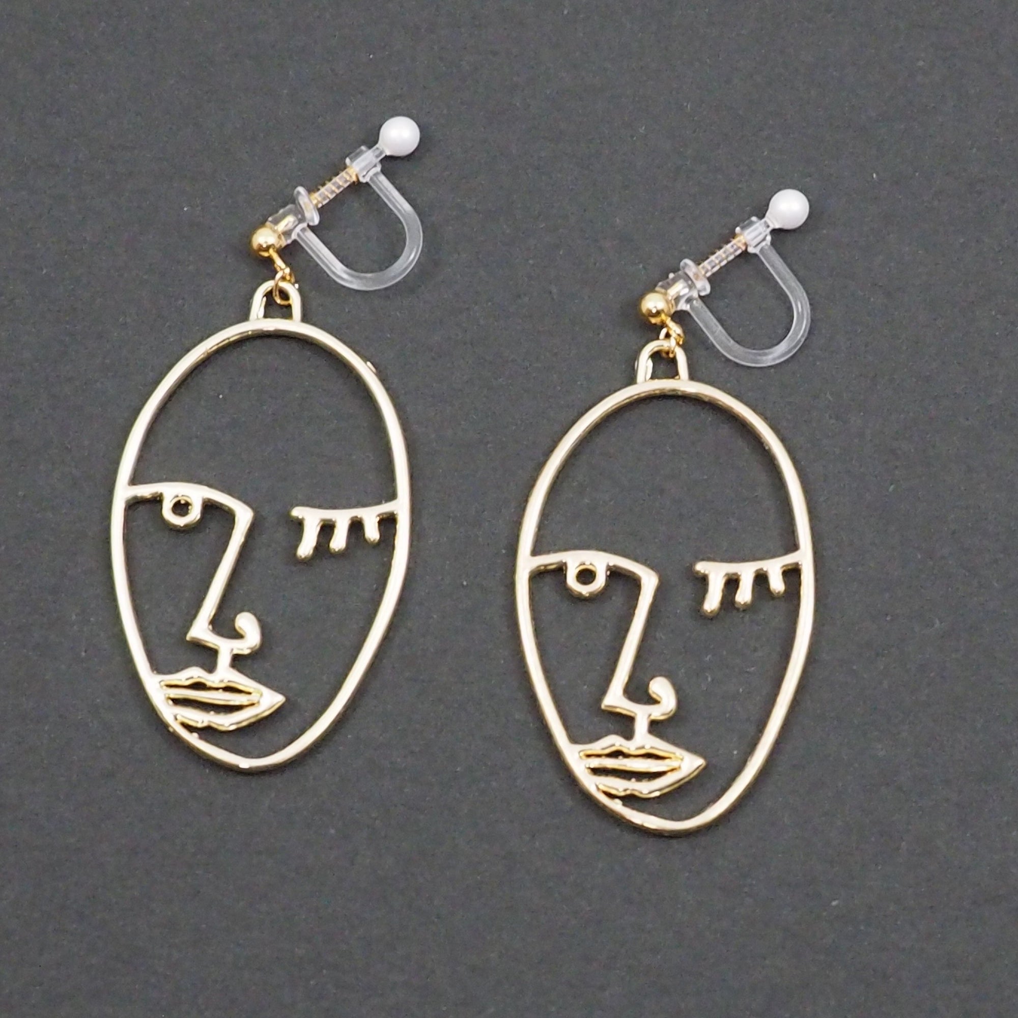 Gold Picasso Face Wink Invisible Clip On Earrings - Miyabi Grace