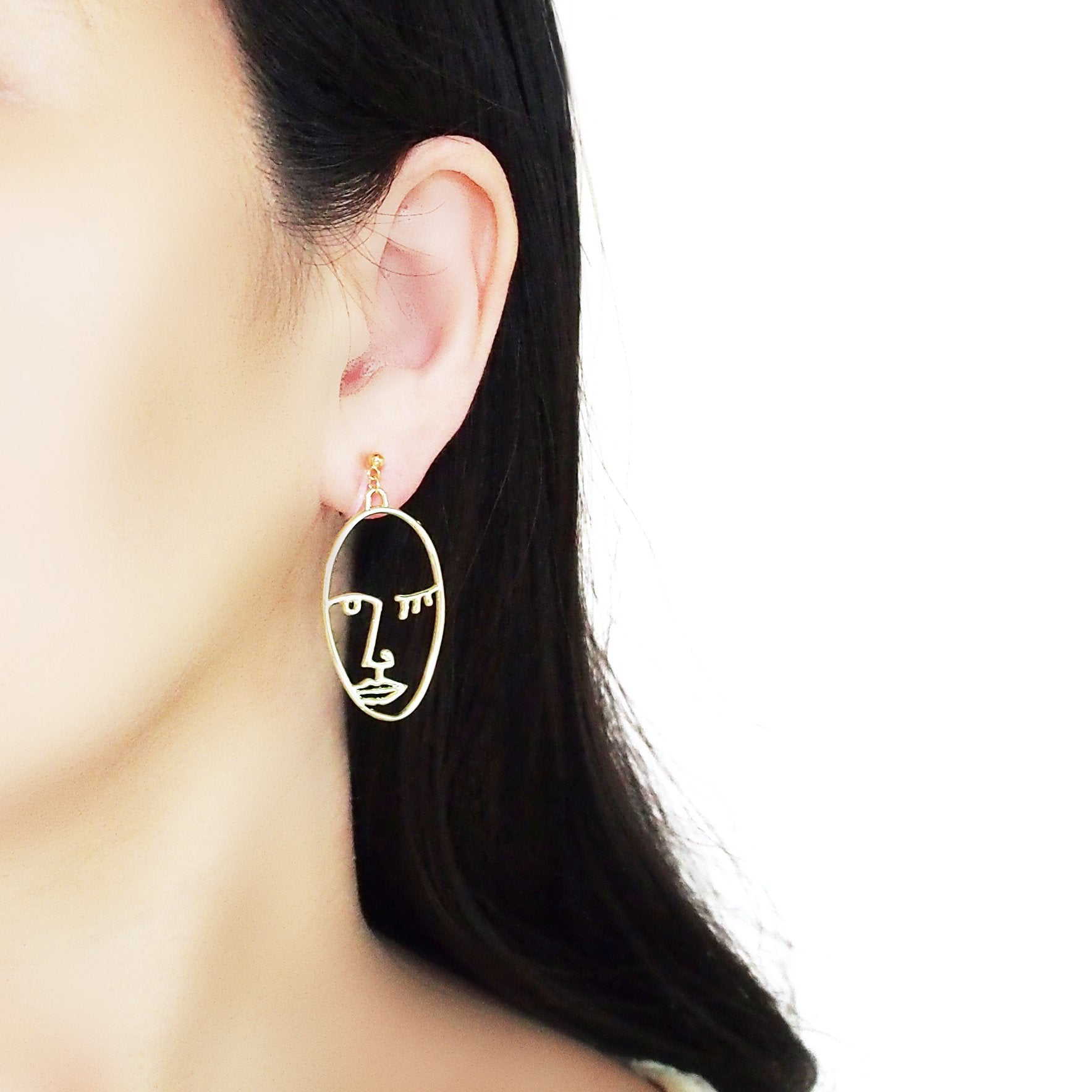 Gold Picasso Face Wink Invisible Clip On Earrings - Miyabi Grace