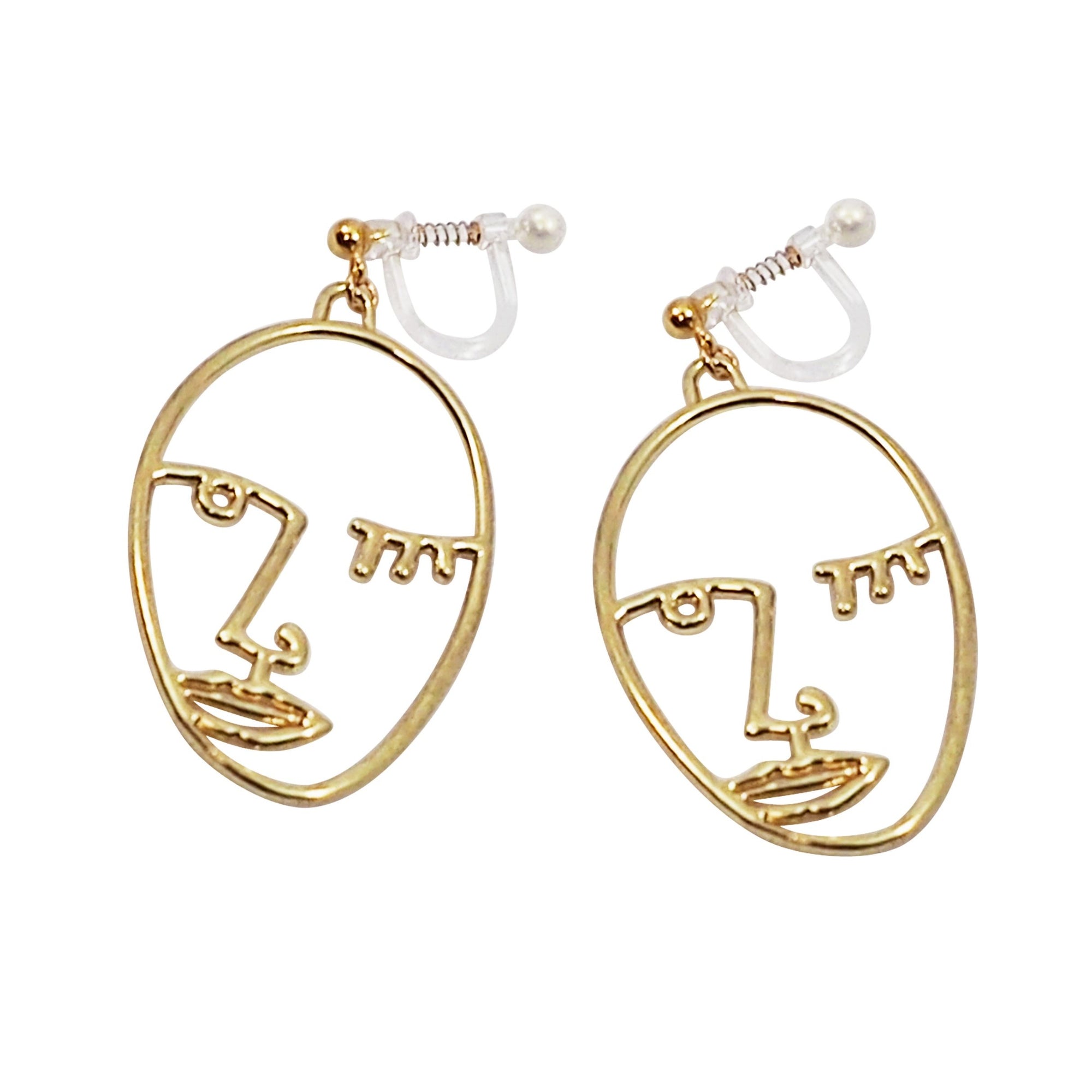 Gold Picasso Face Wink Invisible Clip On Earrings - Miyabi Grace