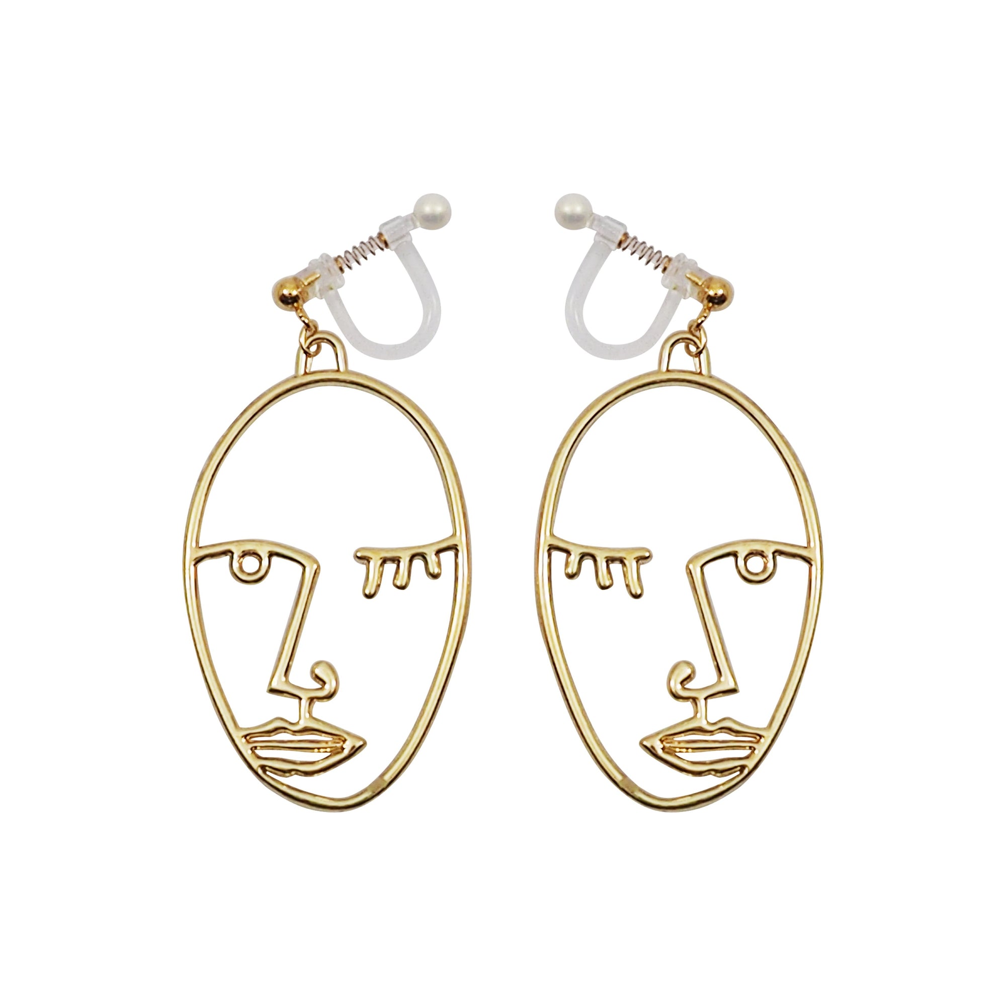 Gold Picasso Face Wink Invisible Clip On Earrings - Miyabi Grace