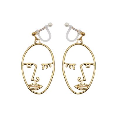 Gold Picasso Face Wink Invisible Clip On Earrings - Miyabi Grace