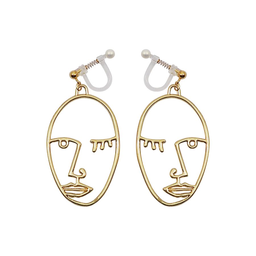 Gold Picasso Face Wink Invisible Clip On Earrings - Miyabi Grace
