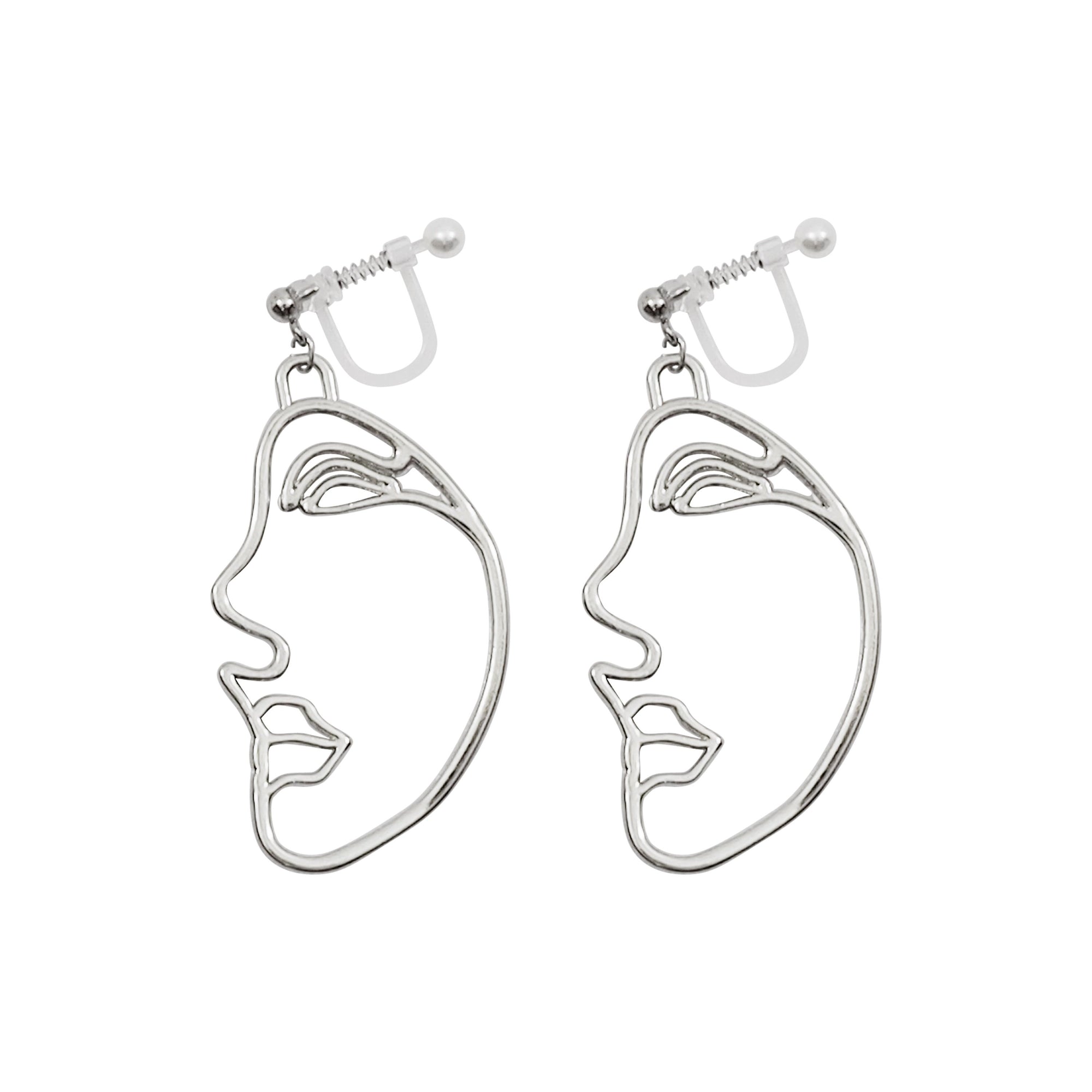 Silver Picasso Face Side Invisible Clip On Earrings - Miyabi Grace