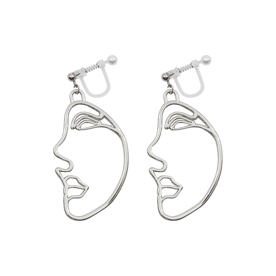 Silver Picasso Face Side Invisible Clip On Earrings - Miyabi Grace