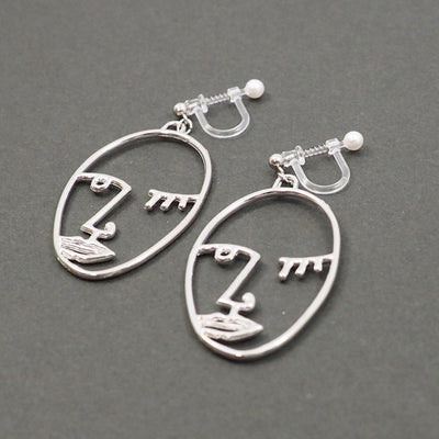 Silver Picasso Face Wink Invisible Clip On Earrings - Miyabi Grace
