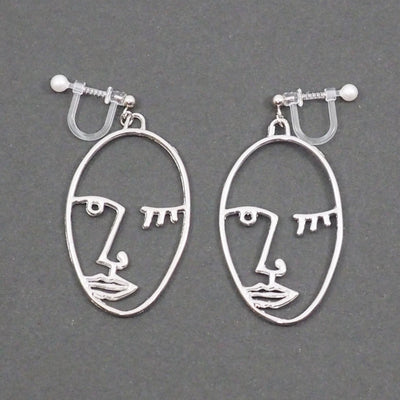 Silver Picasso Face Wink Invisible Clip On Earrings - Miyabi Grace