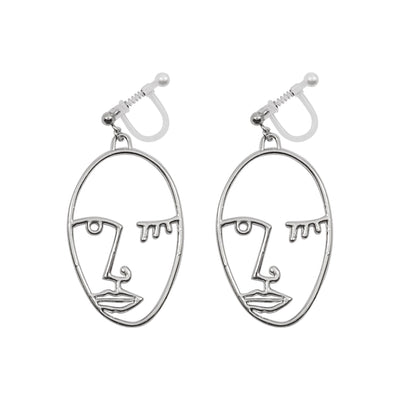 Silver Picasso Face Wink Invisible Clip On Earrings - Miyabi Grace