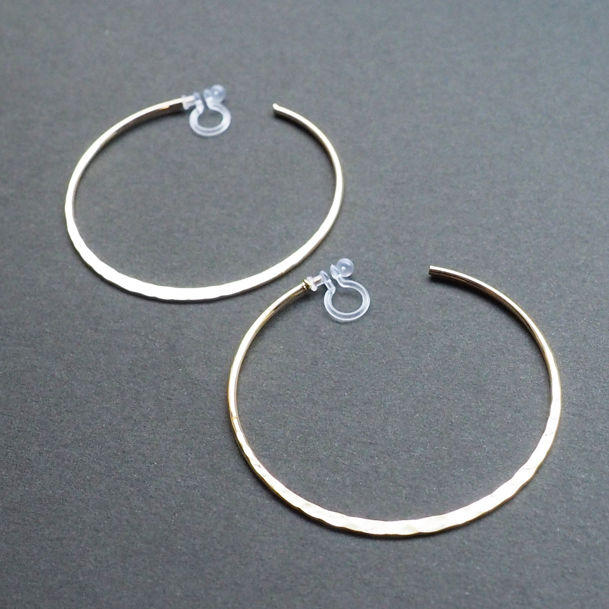 Gold Large Hammered Invisible Clip On Hoop Earrings - Miyabi Grace
